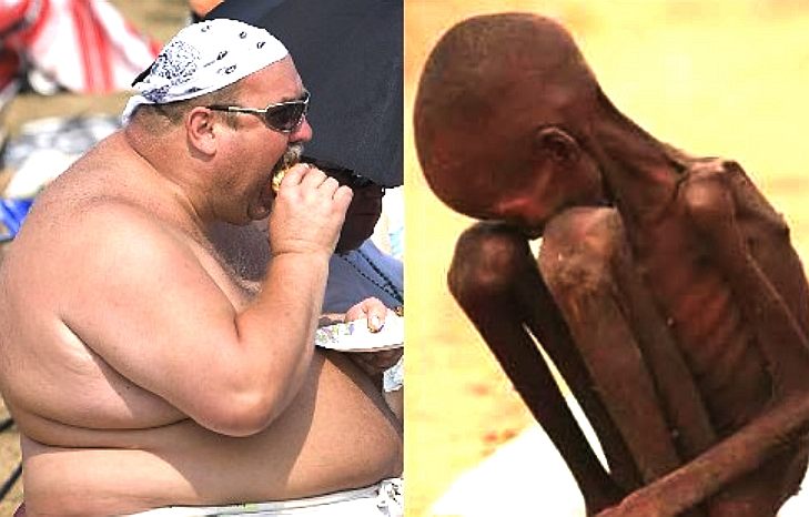 Obese western man compared to starving African child