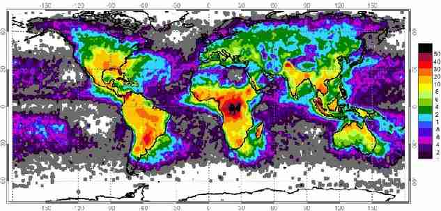 World map showing frequency of lightning strikes, in flashes per km per year.