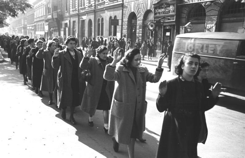 Hungarian Jewish women being arrested for deportation to concentration extermination death camps