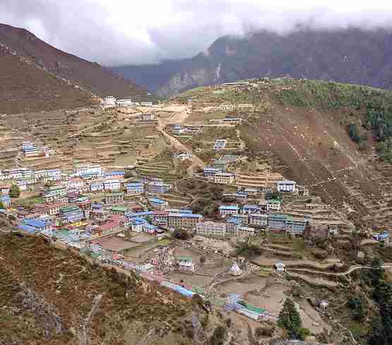 Namche Bazaar in the Khumbu region close to Mount Everest town built on terraces resembling a giant Greek amphitheatre