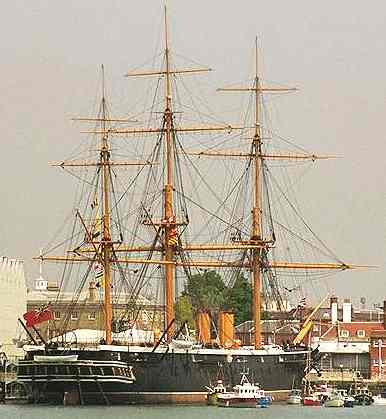 HMS Warrior resting in Portsmouth historic dockyard.