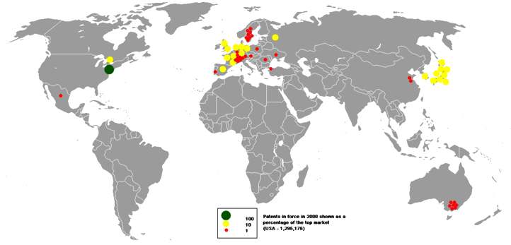 World map showing US patents in force in 2000