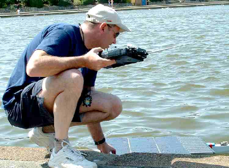 Open water testing a solarnavigator trimaran hull 2004, Princes Park, Eastbourne