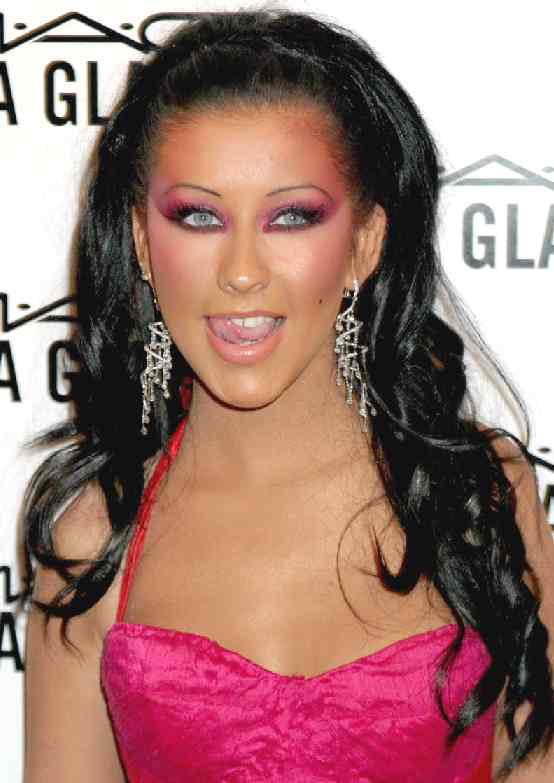 Christina Aguilera sultry dark hair red dress